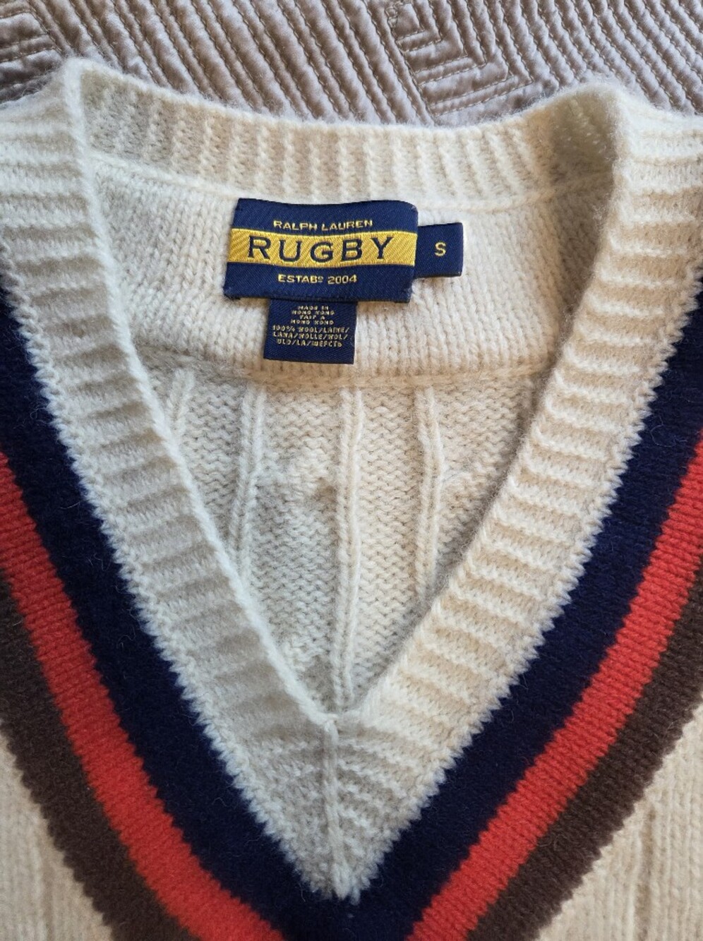 Vintage Ralph Lauren Cream Cable-Knit V-Neck Sweater with Navy & Red Trim - Picture 2 of 7